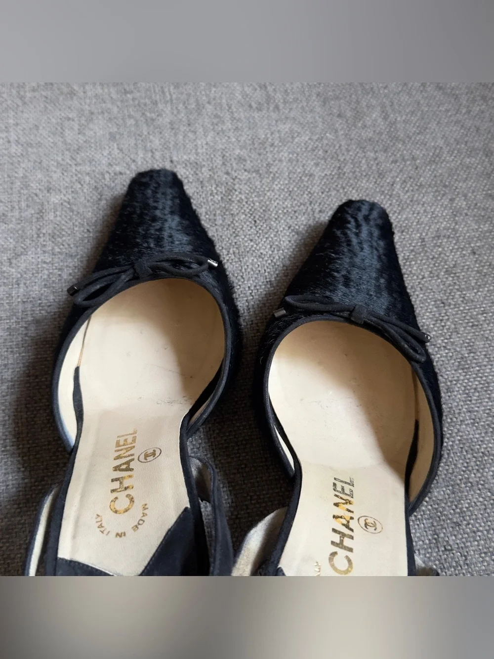 Vintage Chanel black pony hair slingback heels